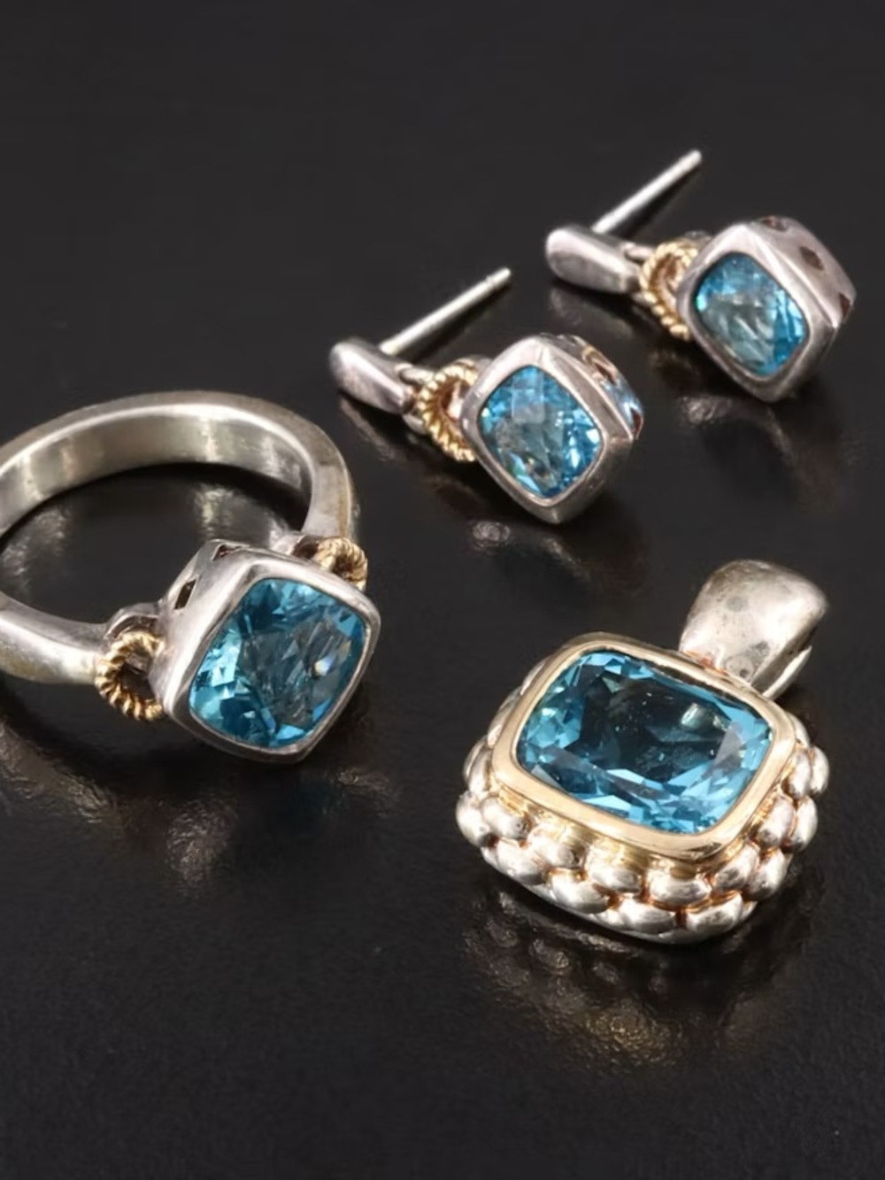 Lorenzo Sterling with 18k accent Blue Topaz Ring, enhancer pendant and earrings